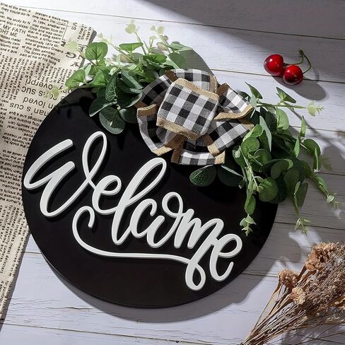 3D Welcome Sign for Front Door Decor – Farmhouse Eucalyptus Wreath with Buffalo Plaid Bow, Rustic Wooden Porch & Entryway Decoration, Outdoor Hanging Wreath for Housewarming & Holiday Gif（Black） in Saudi Arabia
