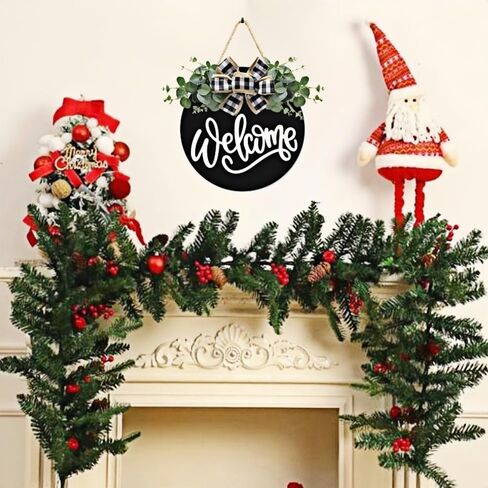 3D Welcome Sign for Front Door Decor – Farmhouse Eucalyptus Wreath with Buffalo Plaid Bow, Rustic Wooden Porch & Entryway Decoration, Outdoor Hanging Wreath for Housewarming & Holiday Gif（Black） in Saudi Arabia