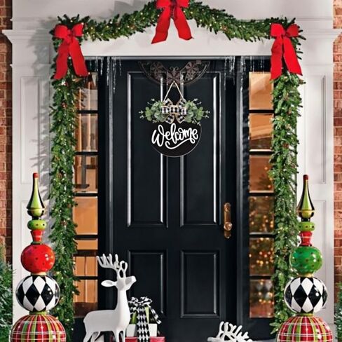 3D Welcome Sign for Front Door Decor – Farmhouse Eucalyptus Wreath with Buffalo Plaid Bow, Rustic Wooden Porch & Entryway Decoration, Outdoor Hanging Wreath for Housewarming & Holiday Gif（Black） in Saudi Arabia