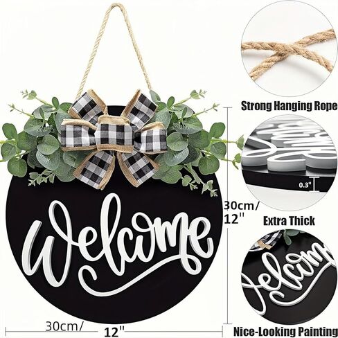 3D Welcome Sign for Front Door Decor – Farmhouse Eucalyptus Wreath with Buffalo Plaid Bow, Rustic Wooden Porch & Entryway Decoration, Outdoor Hanging Wreath for Housewarming & Holiday Gif（Black） in Saudi Arabia