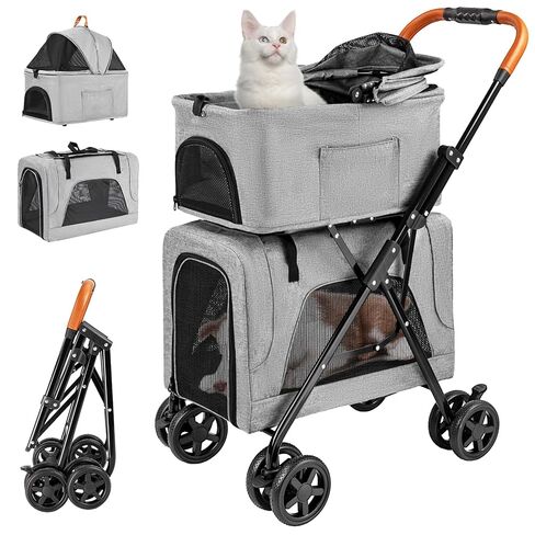 عربة مزدوجة للحيوانات الأليفة مع شركة نقل قابلة للفصل للكلاب والقطط الصغيرة المتوسطة ، ونقل سفر في عربة الأطفال خفيفة الوزن مع سلة تخزين المظلة بدون زيب بنقرة واحدة وفرامل قدم واحدة in Kuwait