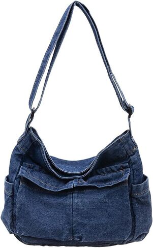 Denim Shoulder Bag for Women Men, Retro Canvas Messenger Crossbody Bag Purse Hobo Tote Bag Multiple Pockets in Saudi Arabia