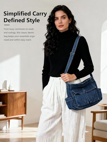 Denim Shoulder Bag for Women Men, Retro Canvas Messenger Crossbody Bag Purse Hobo Tote Bag Multiple Pockets in Saudi Arabia