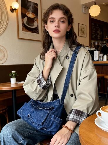Denim Shoulder Bag for Women Men, Retro Canvas Messenger Crossbody Bag Purse Hobo Tote Bag Multiple Pockets in Saudi Arabia