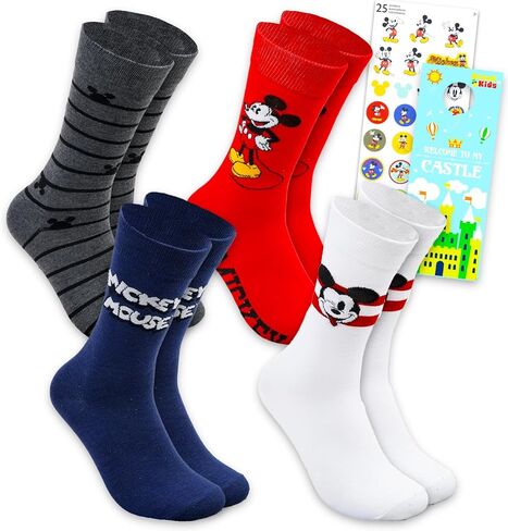 Disney Mickey Mouse Socks for Men - Mickey Mouse Apparel Bundle with 4 Pairs of Mickey Mouse Crew Socks Size 6-12 Plus Stickers, More| Mickey Crew Socks for Adults in Saudi Arabia