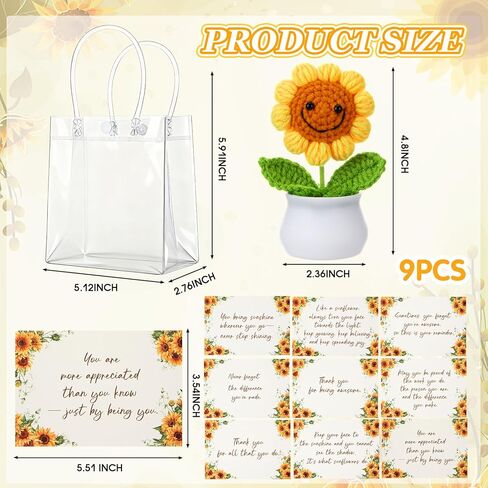 9 Sets Sunflower Appreciation Gifts with Thank You Cards Gift Bag Bulk Cute Handmade Crochet Sunflowers for Teacher Staff Coworker Women Mom Office Home Birthday Holiday Party Decor in Saudi Arabia