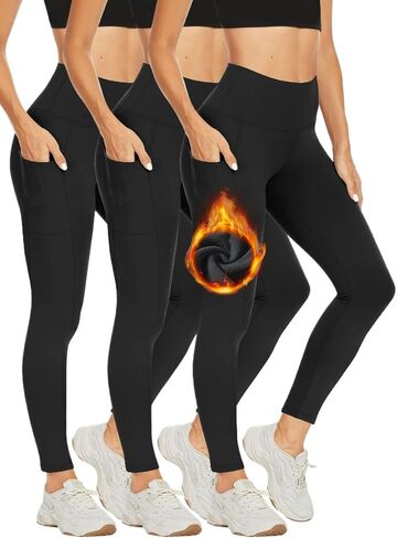 3PC Women's Fleece Lined Leggings Thermal Warm Winter Tights High Waisted Yoga Pants Cold Weather with Pockets in Saudi Arabia