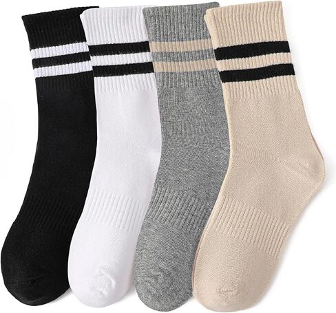 4 Pairs Striped Crew Socks for Women, Cotton Cozy Casual Athletic Socks for Sport, Office, Home, Running in Saudi Arabia