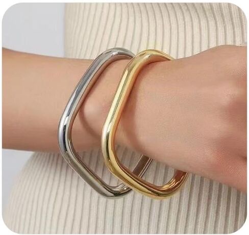 2Pcs Gold Bracelets for Women,Chunky Glossy Square Cuff Bangle,Wrist Stacked Statement Bracelet Set,Personalized Birthday Jewelry Accessories Gifts in Saudi Arabia