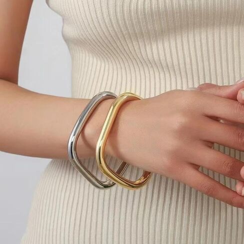 2Pcs Gold Bracelets for Women,Chunky Glossy Square Cuff Bangle,Wrist Stacked Statement Bracelet Set,Personalized Birthday Jewelry Accessories Gifts in Saudi Arabia