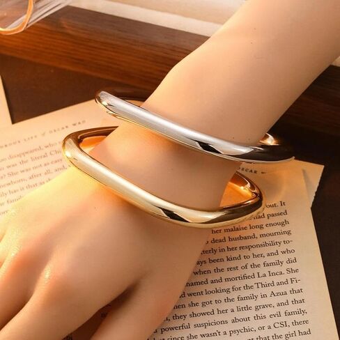 2Pcs Gold Bracelets for Women,Chunky Glossy Square Cuff Bangle,Wrist Stacked Statement Bracelet Set,Personalized Birthday Jewelry Accessories Gifts in Saudi Arabia