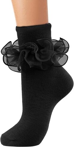 NiceBaby Ruffle Crew Socks Women, Cotton Comfort Ribbed Turn-Cuff Double Lace Cute Frilly Ankle Socks in Saudi Arabia