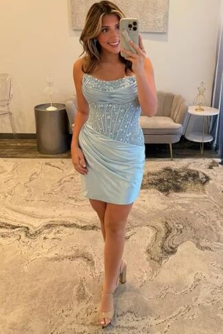 Short Homecoming Dresses for Teens Sequins Satin Tight Cocktail Party Gowns Backless US0 BO33 in Saudi Arabia