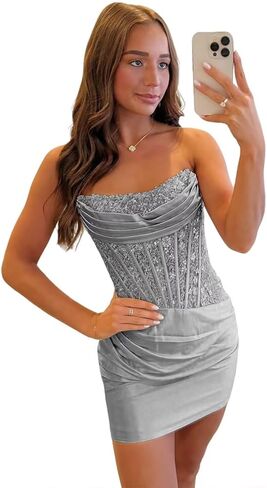 Short Homecoming Dresses for Teens Sequins Satin Tight Cocktail Party Gowns Backless US0 BO33 in Saudi Arabia