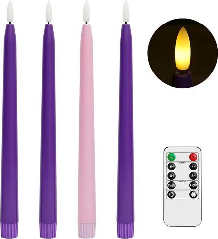 شموع Advent عديمة اللهب، مجموعة من 4 - لهب LED وامض، شمعدانات مستدقة مقاس 11 بوصة، جهاز تحكم عن بعد، أرجواني ووردي لإكليل عيد الميلاد in Kuwait