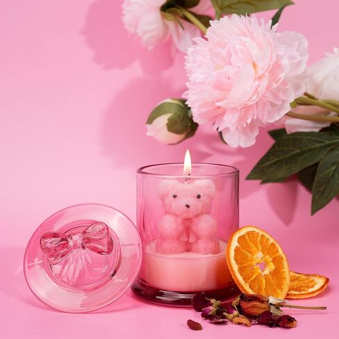 Pink Peony Scented with Pink Bear Candle, Pink Decorative Candle Gifts, Friendship Gifts for Best Friends, BFF, Coworker, Back to School Gift, Valentine’s Gift for her in Saudi Arabia