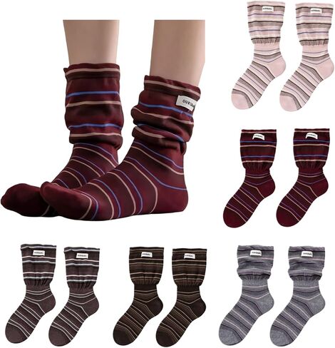 5 Pairs Fabric-Labeled Flared-Cuff Contrast-Color Striped Crew Slouch Socks for Women with Cute Designed Stripes, Cotton Blend, Perfect for the Whole Year Daily Wear in Saudi Arabia