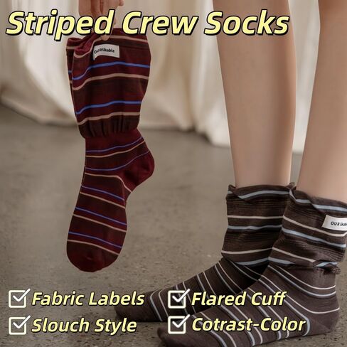 5 Pairs Fabric-Labeled Flared-Cuff Contrast-Color Striped Crew Slouch Socks for Women with Cute Designed Stripes, Cotton Blend, Perfect for the Whole Year Daily Wear in Saudi Arabia