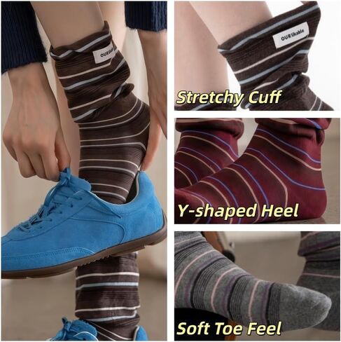 5 Pairs Fabric-Labeled Flared-Cuff Contrast-Color Striped Crew Slouch Socks for Women with Cute Designed Stripes, Cotton Blend, Perfect for the Whole Year Daily Wear in Saudi Arabia