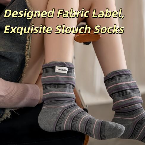 5 Pairs Fabric-Labeled Flared-Cuff Contrast-Color Striped Crew Slouch Socks for Women with Cute Designed Stripes, Cotton Blend, Perfect for the Whole Year Daily Wear in Saudi Arabia