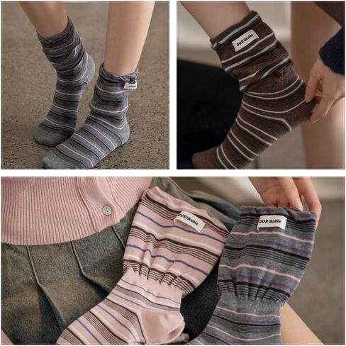 5 Pairs Fabric-Labeled Flared-Cuff Contrast-Color Striped Crew Slouch Socks for Women with Cute Designed Stripes, Cotton Blend, Perfect for the Whole Year Daily Wear in Saudi Arabia
