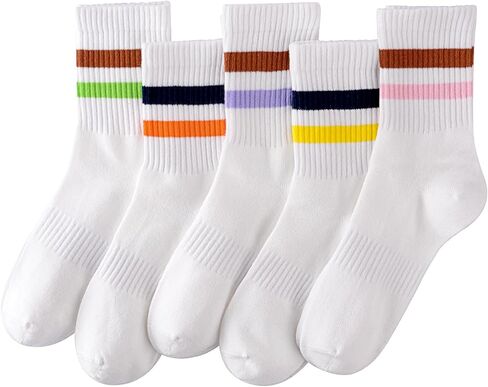 HONGTEYA Cotton Crew Socks for Women Cute Retro Striped Socks 5 Pairs with Arch Support Casual Athletic Vintage (Multicolor) in Saudi Arabia