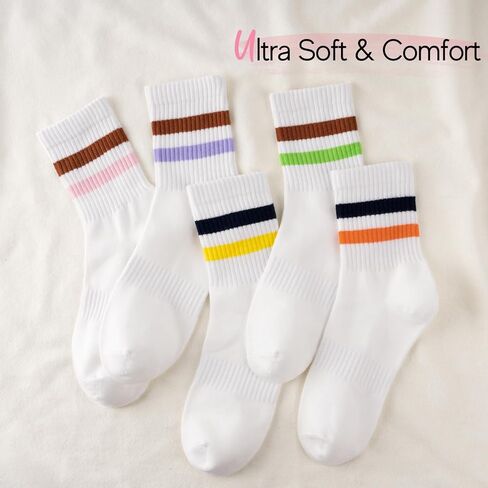HONGTEYA Cotton Crew Socks for Women Cute Retro Striped Socks 5 Pairs with Arch Support Casual Athletic Vintage (Multicolor) in Saudi Arabia