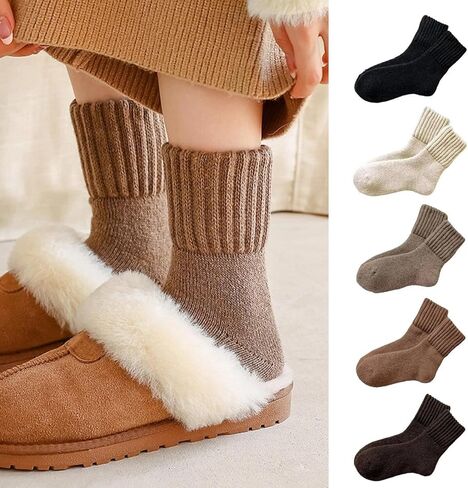 5 Pairs Women's Solid Color Mid-calf Socks, Thickened Winter Knitted Warm Socks, Suitable For Everyday Wear And Outdoor Activities in Saudi Arabia