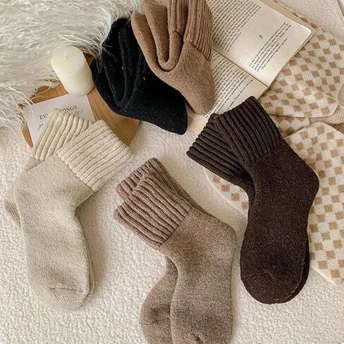 5 Pairs Women's Solid Color Mid-calf Socks, Thickened Winter Knitted Warm Socks, Suitable For Everyday Wear And Outdoor Activities in Saudi Arabia