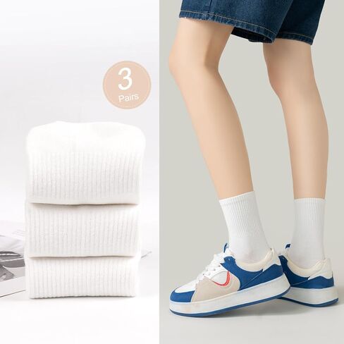 Women's Mini Crew Socks, 3 Pairs Leisure Athletic Mid-Calf Socks, Cotton Crew Socks for Women in Saudi Arabia