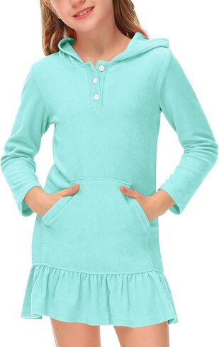 BesserBay Girls Summer Long Sleeve Coverups Button Down Terry Quickly Dry Ruffle Hem with Hood Cover Up 4-14 Years in Saudi Arabia