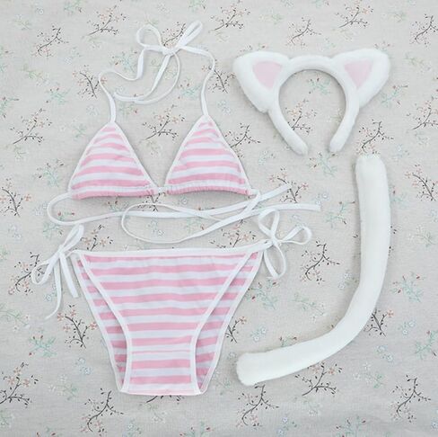BXT Women Lingerie Underwear Stripe Bikini Set Japanese Erotic Cosplay Costume Set With Cat Headwear Tail for Ladies in Saudi Arabia