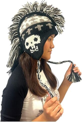 Bone Skull Mohawk Hat - Black and White Skull Hat | Handmade in Nepal - 100% Cotton One Size in Saudi Arabia