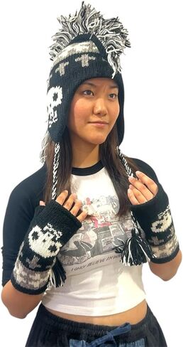 Bone Skull Mohawk Hat - Black and White Skull Hat | Handmade in Nepal - 100% Cotton One Size in Saudi Arabia