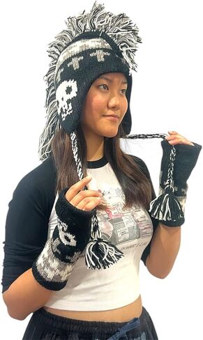 Bone Skull Mohawk Hat - Black and White Skull Hat | Handmade in Nepal - 100% Cotton One Size in Saudi Arabia