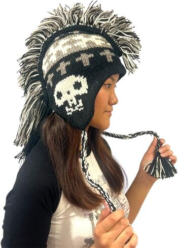 Bone Skull Mohawk Hat - Black and White Skull Hat | Handmade in Nepal - 100% Cotton One Size in Saudi Arabia