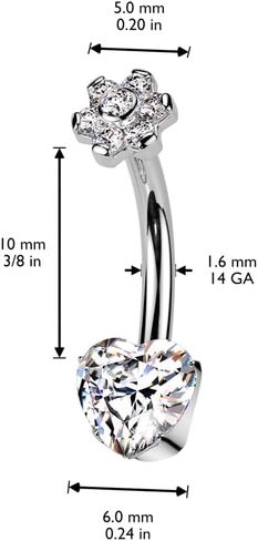 Pierced Owl 14GA ASTM F-136 Implant Grade Titanium Internally Threaded CZ Crystal Flower Top and Heart Bottom Belly Button Ring in Saudi Arabia