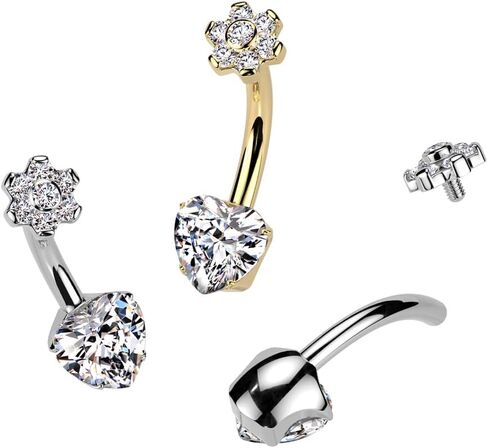 Pierced Owl 14GA ASTM F-136 Implant Grade Titanium Internally Threaded CZ Crystal Flower Top and Heart Bottom Belly Button Ring in Saudi Arabia