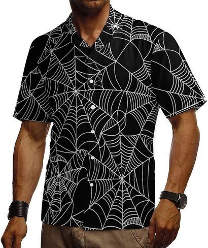 Halloween Spider Black Spiderweb Pattern Men's Button Down Shirts Short Sleeve Polo Shirt Casual Summer Tops in Kuwait