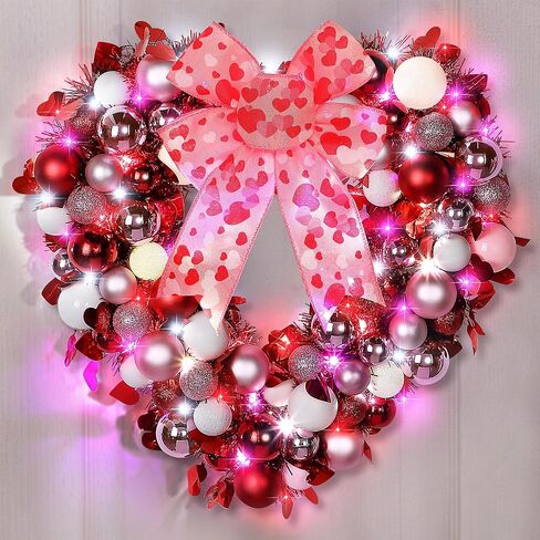 14'' Valentine Wreath Heart Door Wreath for Front Door Wall Window Romantic Decor, 2 Tier Plastic Valentines Day Love Heart Wreath with Bowknot for Valentine‘s Day Wedding Party (Red Pink White) in Saudi Arabia