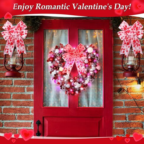 14'' Valentine Wreath Heart Door Wreath for Front Door Wall Window Romantic Decor, 2 Tier Plastic Valentines Day Love Heart Wreath with Bowknot for Valentine‘s Day Wedding Party (Red Pink White) in Saudi Arabia