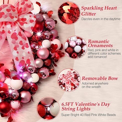 14'' Valentine Wreath Heart Door Wreath for Front Door Wall Window Romantic Decor, 2 Tier Plastic Valentines Day Love Heart Wreath with Bowknot for Valentine‘s Day Wedding Party (Red Pink White) in Saudi Arabia