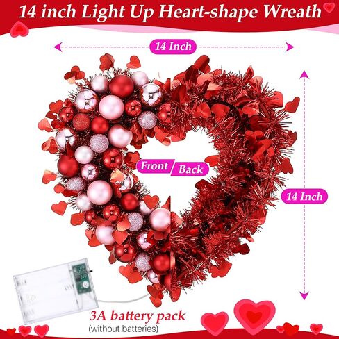 14'' Valentine Wreath Heart Door Wreath for Front Door Wall Window Romantic Decor, 2 Tier Plastic Valentines Day Love Heart Wreath with Bowknot for Valentine‘s Day Wedding Party (Red Pink White) in Saudi Arabia
