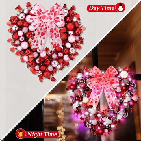 14'' Valentine Wreath Heart Door Wreath for Front Door Wall Window Romantic Decor, 2 Tier Plastic Valentines Day Love Heart Wreath with Bowknot for Valentine‘s Day Wedding Party (Red Pink White) in Saudi Arabia