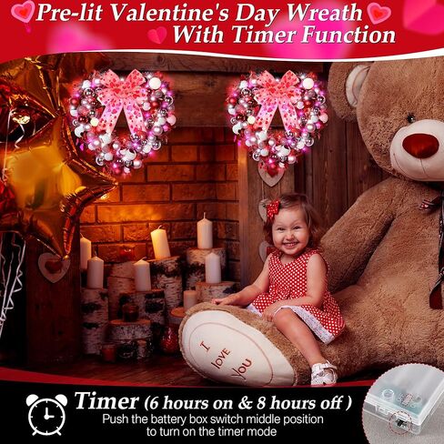 14'' Valentine Wreath Heart Door Wreath for Front Door Wall Window Romantic Decor, 2 Tier Plastic Valentines Day Love Heart Wreath with Bowknot for Valentine‘s Day Wedding Party (Red Pink White) in Saudi Arabia