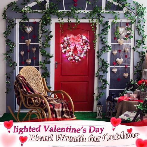 14'' Valentine Wreath Heart Door Wreath for Front Door Wall Window Romantic Decor, 2 Tier Plastic Valentines Day Love Heart Wreath with Bowknot for Valentine‘s Day Wedding Party (Red Pink White) in Saudi Arabia