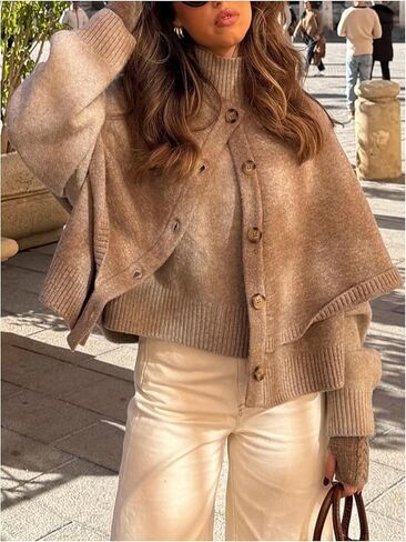 Women's Poncho Sweater Button Down Long Sleeve Cape Cardigan Shawl Poncho Knit Outerwear Trendy in Saudi Arabia