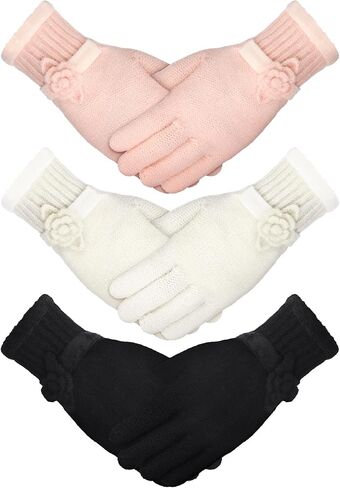 Geyoga 3 Pairs Winter Warm Gloves for Women Floral-cuff Knit Gloves Pink Black White Cozy Winter Wear Winter Warm Gift for Women in Saudi Arabia