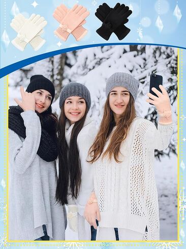 Geyoga 3 Pairs Winter Warm Gloves for Women Floral-cuff Knit Gloves Pink Black White Cozy Winter Wear Winter Warm Gift for Women in Saudi Arabia