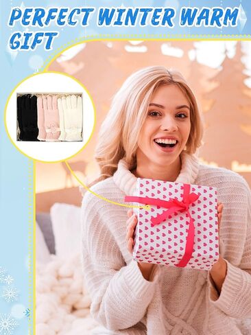 Geyoga 3 Pairs Winter Warm Gloves for Women Floral-cuff Knit Gloves Pink Black White Cozy Winter Wear Winter Warm Gift for Women in Saudi Arabia